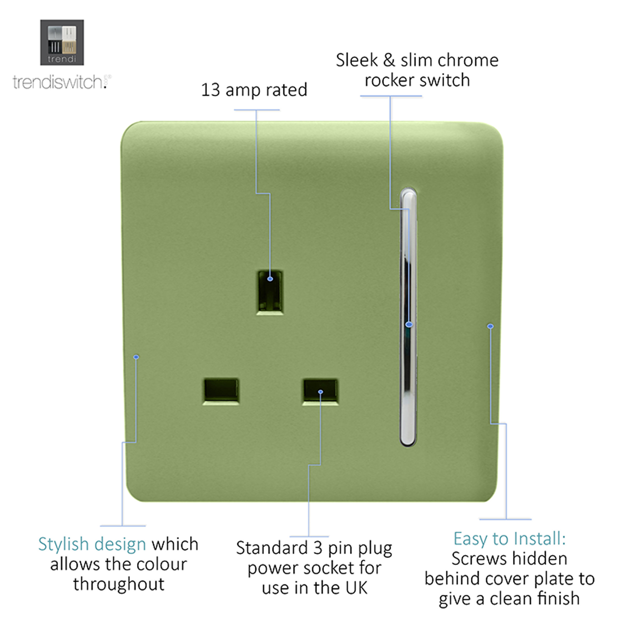 1 Gang 13Amp Switched Single Socket Moss Green ART-SKT13MG  Trendi Moss Green